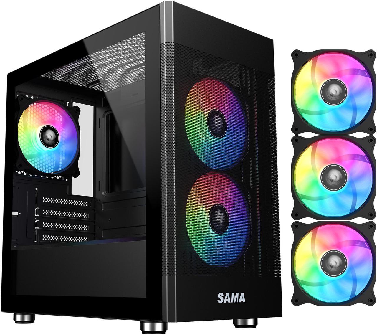 Sama ARGB-Q5-BK Black USB3.0 Tempered Glass Micro ATX Tower Gaming Computer Case w/  3 x 120mm ARGB Fans (Pre-Installed)