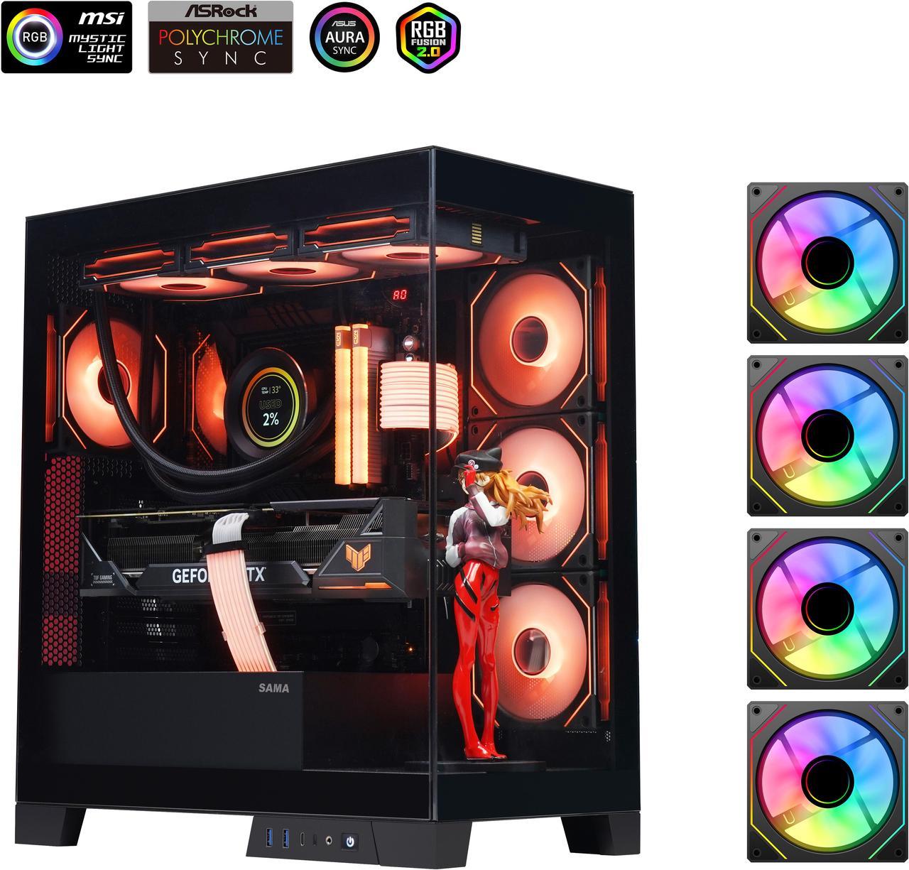 Sama Neview 2351 Black Dual USB3.0 and Type C Tempered Glass ATX Mid Tower Gaming Computer Case w/ 4 x 120mm ARGB Fans (3 x MB Side, 1 x Rear) Pre-Installed