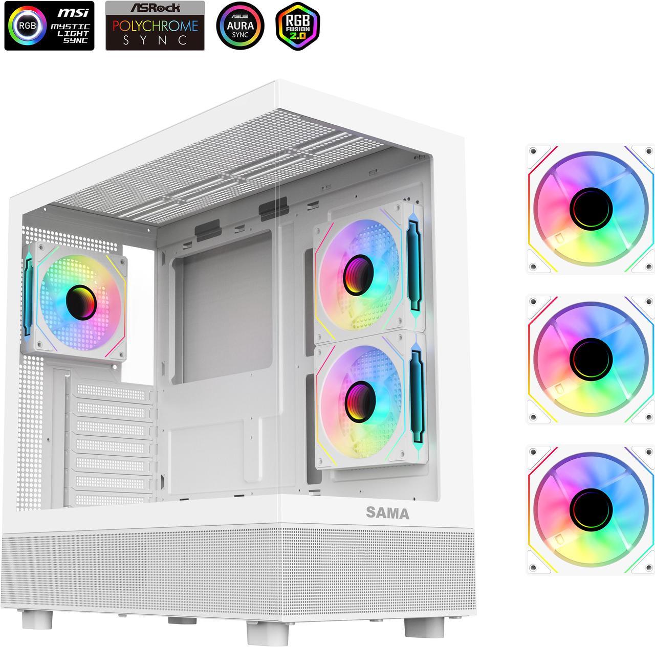 Sama Neview 4361 White Dual USB3.0 and Type C Tempered Glass ATX Mid Tower Gaming Computer Case w/ 3 x 120mm ARGB Fans (2 x MB Side, 1 x Rear) Pre-Installed