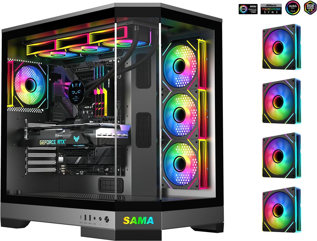 Sama 3021-Black Dual USB3.0 and Type C Tempered Glass ATX Full Tower Gaming Computer Case w/ 4 x 120mm ARGB Fans (3 x MB Side, 1 x Rear) Pre-Installed