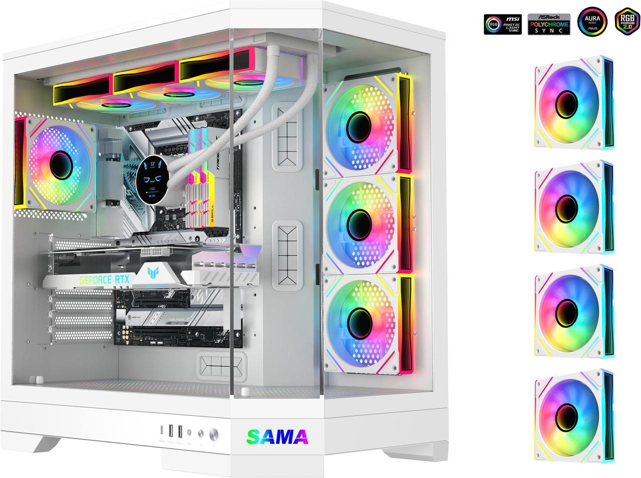 Sama 3021-White Dual USB3.0 and Type C Tempered Glass ATX Full Tower Gaming Computer Case w/ 4 x 120mm ARGB Fans (3 x MB Side, 1 x Rear) Pre-Installed