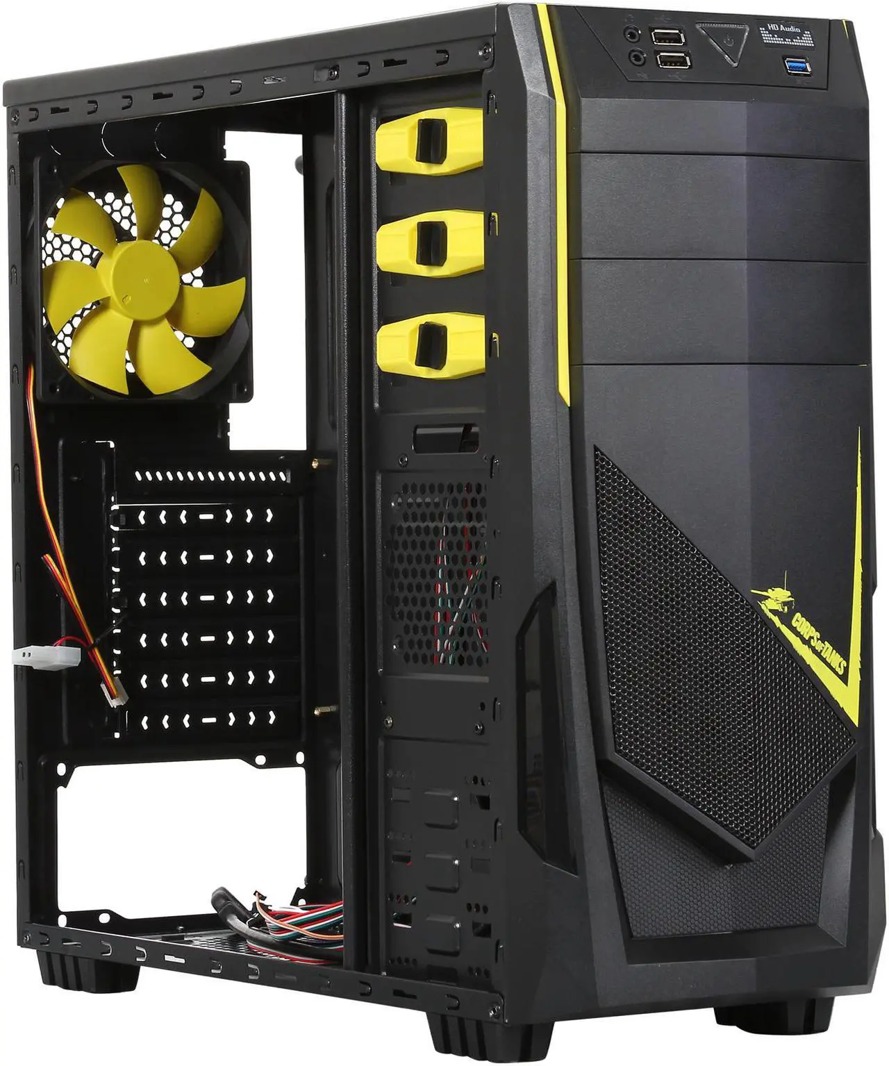 Alt view image 8 of 9 - DIYPC Ranger-R8-Y Black/Yellow USB 3.0 ATX Mid Tower Gaming Computer Case with 3 x Yellow Fans (1 x 140mm LED Fan x side, 1x120mm LED Fan x front, 1 x 120mm fan x rear)