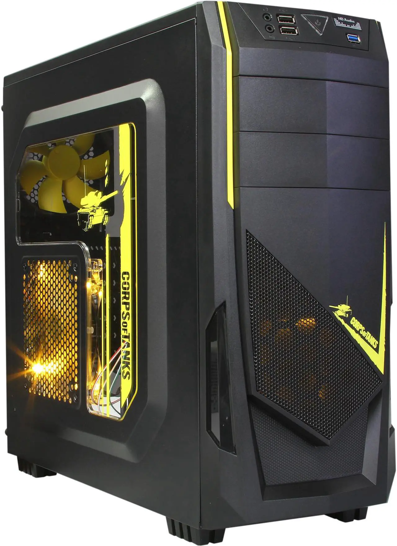 Main image of DIYPC Ranger-R8-Y Black/Yellow USB 3.0 ATX Mid Tower Gaming Computer Case with 3 x Yellow Fans (1 x 140mm LED Fan x side, 1x120mm LED Fan x front, 1 x 120mm fan x rear)