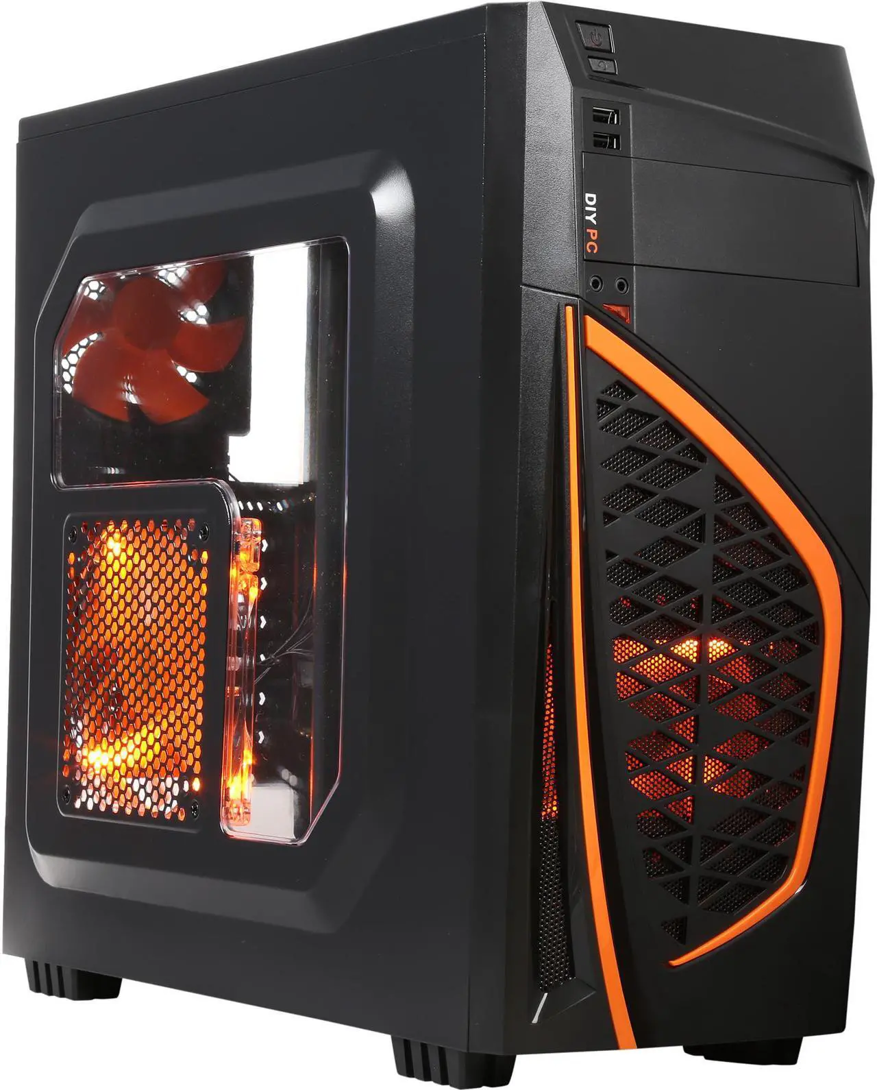 Main image of DIYPC Zondda-O Black USB 3.0 ATX Mid Tower Gaming Computer Case with 3 x Orange Fans (1 x 120mm LED Fan x Side, 1 x 120mm LED Fan x Front, 1 x 120mm Fan x Rear)