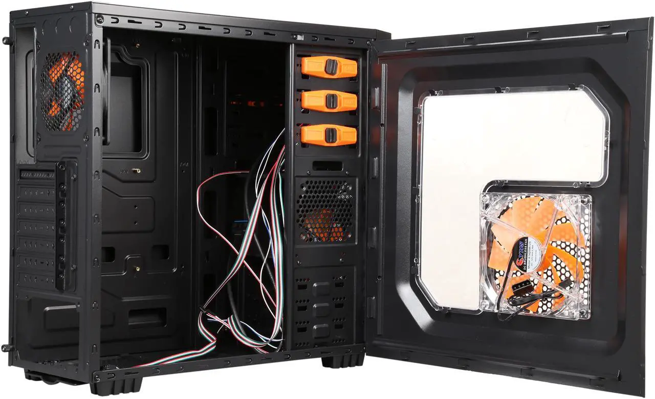 Alt view image 7 of 14 - DIYPC Zondda-O Black USB 3.0 ATX Mid Tower Gaming Computer Case with 3 x Orange Fans (1 x 120mm LED Fan x Side, 1 x 120mm LED Fan x Front, 1 x 120mm Fan x Rear)