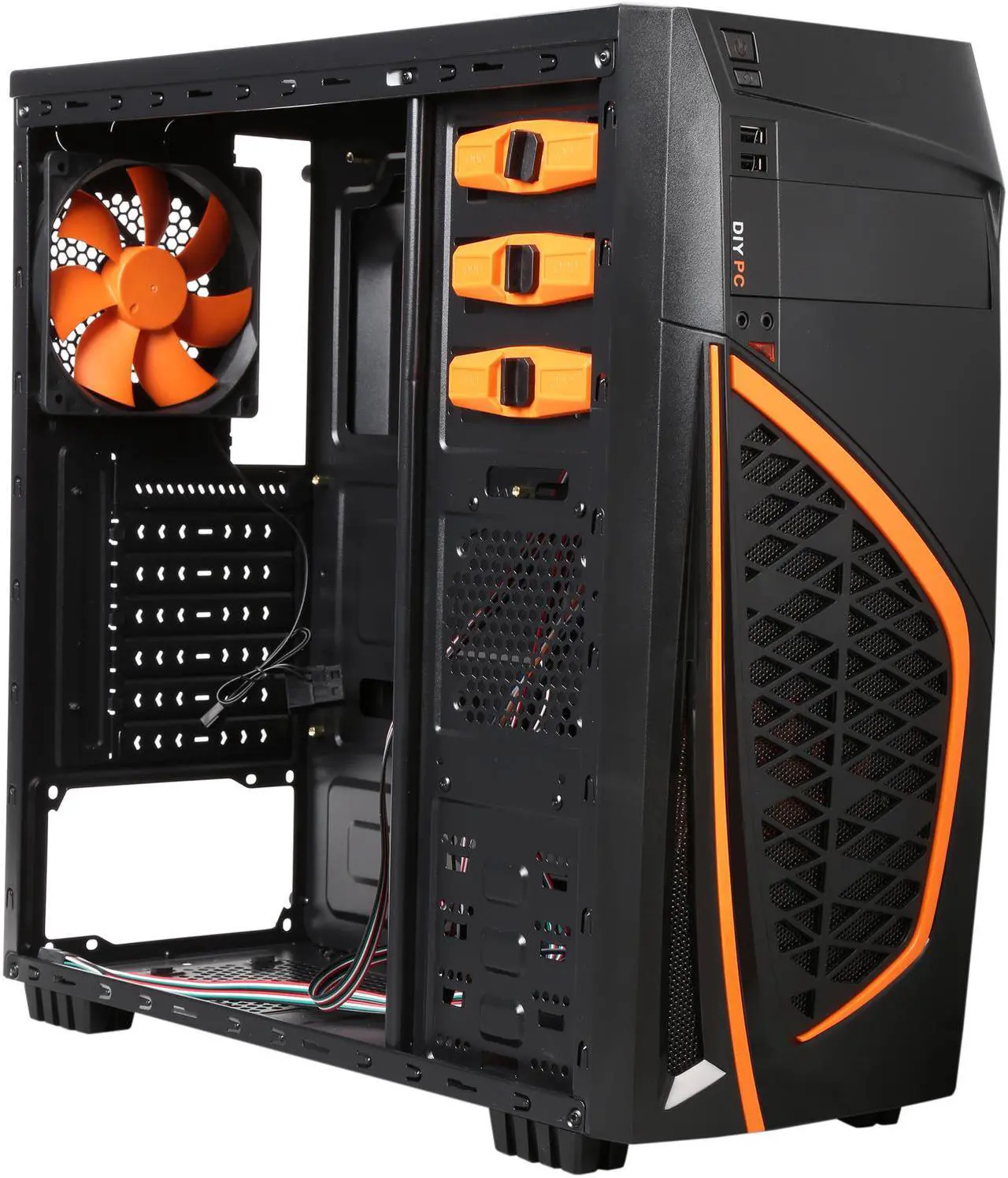 Alt view image 10 of 14 - DIYPC Zondda-O Black USB 3.0 ATX Mid Tower Gaming Computer Case with 3 x Orange Fans (1 x 120mm LED Fan x Side, 1 x 120mm LED Fan x Front, 1 x 120mm Fan x Rear)