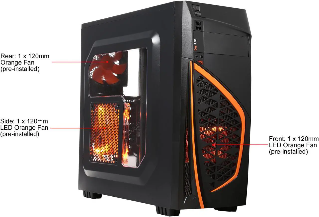 Alt view image 2 of 14 - DIYPC Zondda-O Black USB 3.0 ATX Mid Tower Gaming Computer Case with 3 x Orange Fans (1 x 120mm LED Fan x Side, 1 x 120mm LED Fan x Front, 1 x 120mm Fan x Rear)