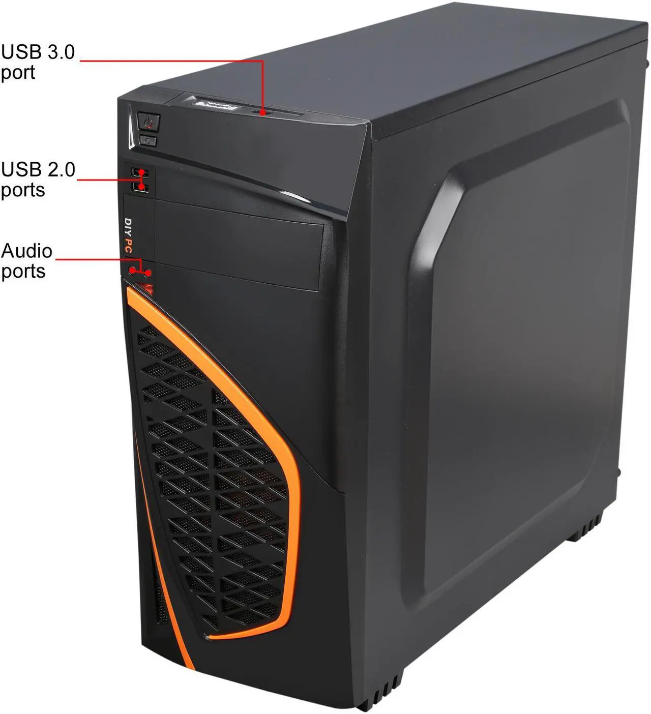Alt view image 5 of 14 - DIYPC Zondda-O Black USB 3.0 ATX Mid Tower Gaming Computer Case with 3 x Orange Fans (1 x 120mm LED Fan x Side, 1 x 120mm LED Fan x Front, 1 x 120mm Fan x Rear)