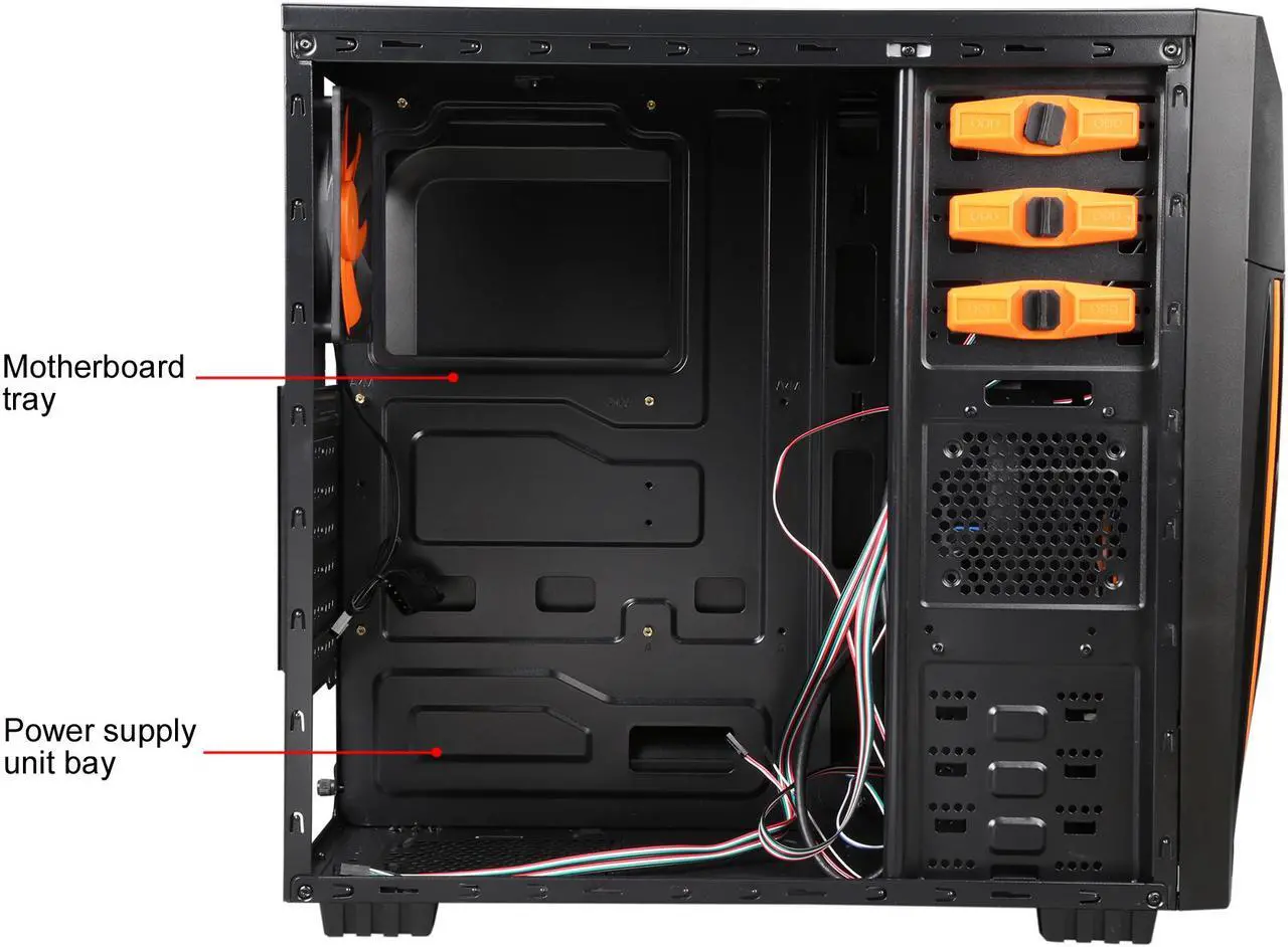 Alt view image 9 of 14 - DIYPC Zondda-O Black USB 3.0 ATX Mid Tower Gaming Computer Case with 3 x Orange Fans (1 x 120mm LED Fan x Side, 1 x 120mm LED Fan x Front, 1 x 120mm Fan x Rear)
