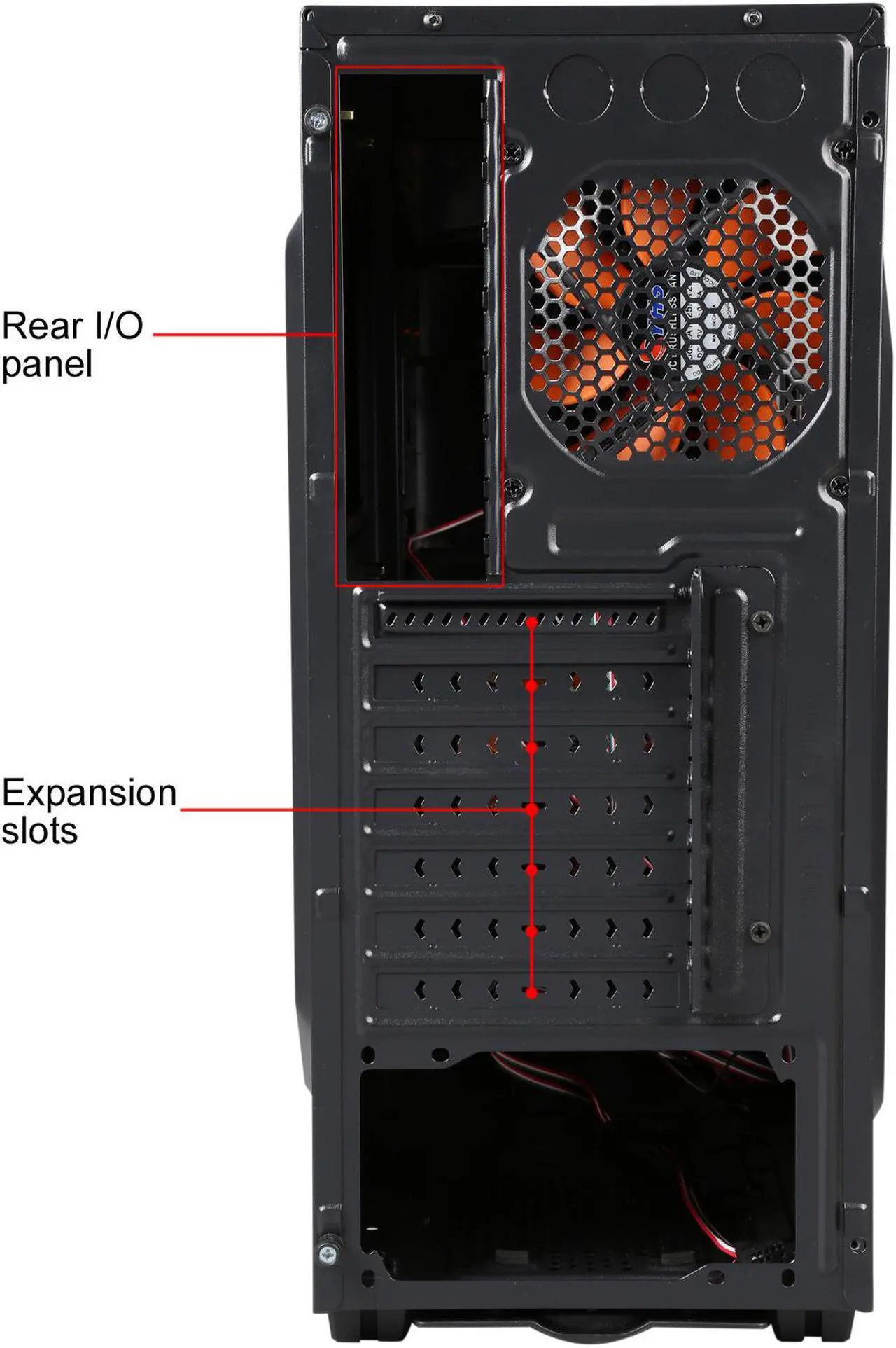 Alt view image 12 of 14 - DIYPC Zondda-O Black USB 3.0 ATX Mid Tower Gaming Computer Case with 3 x Orange Fans (1 x 120mm LED Fan x Side, 1 x 120mm LED Fan x Front, 1 x 120mm Fan x Rear)