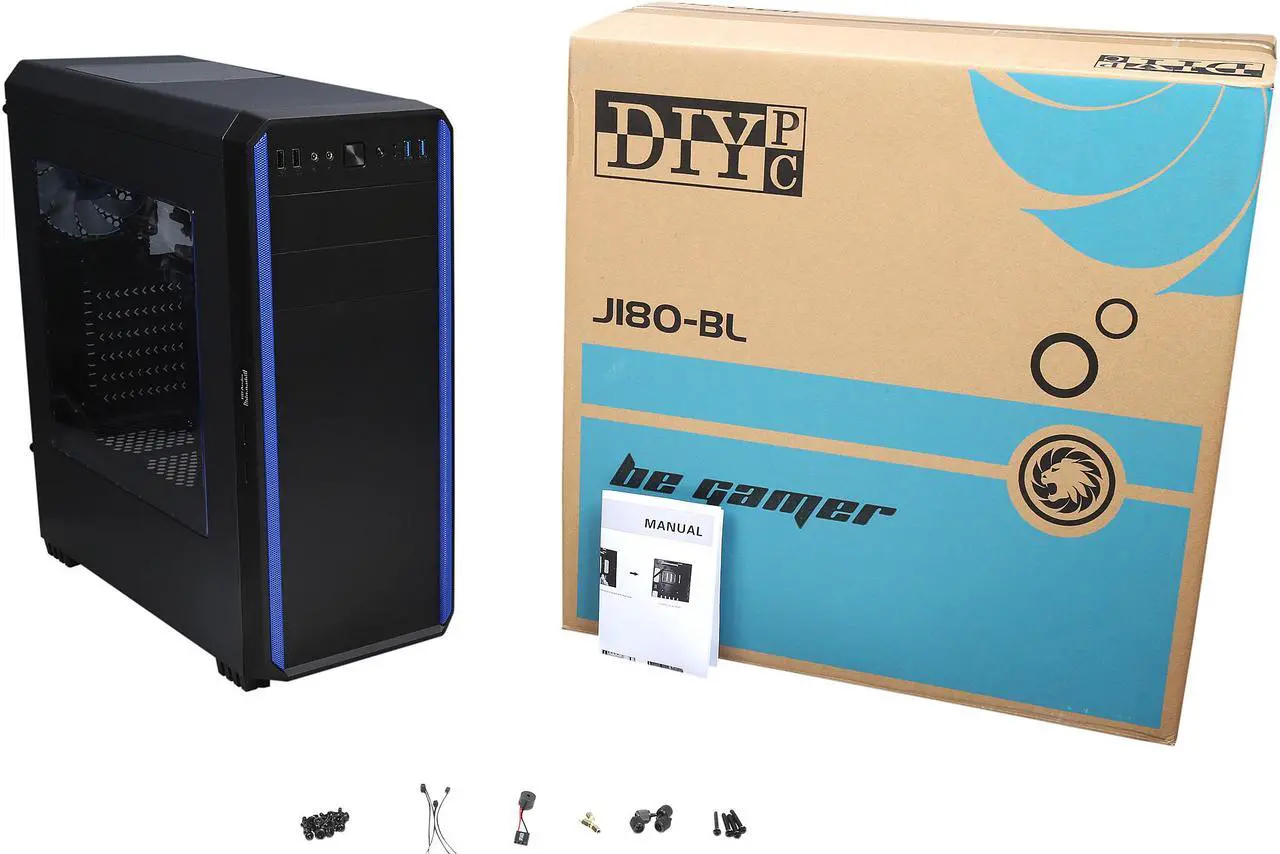 Alt view image 13 of 13 - DIYPC J180-BL Black Dual USB 3.0 ATX Mid Tower Gaming Computer Case with Build-in 2 x Fans (1 x 120mm Fan x Front, 1 x 120mm Blue LED Fan x Rear)