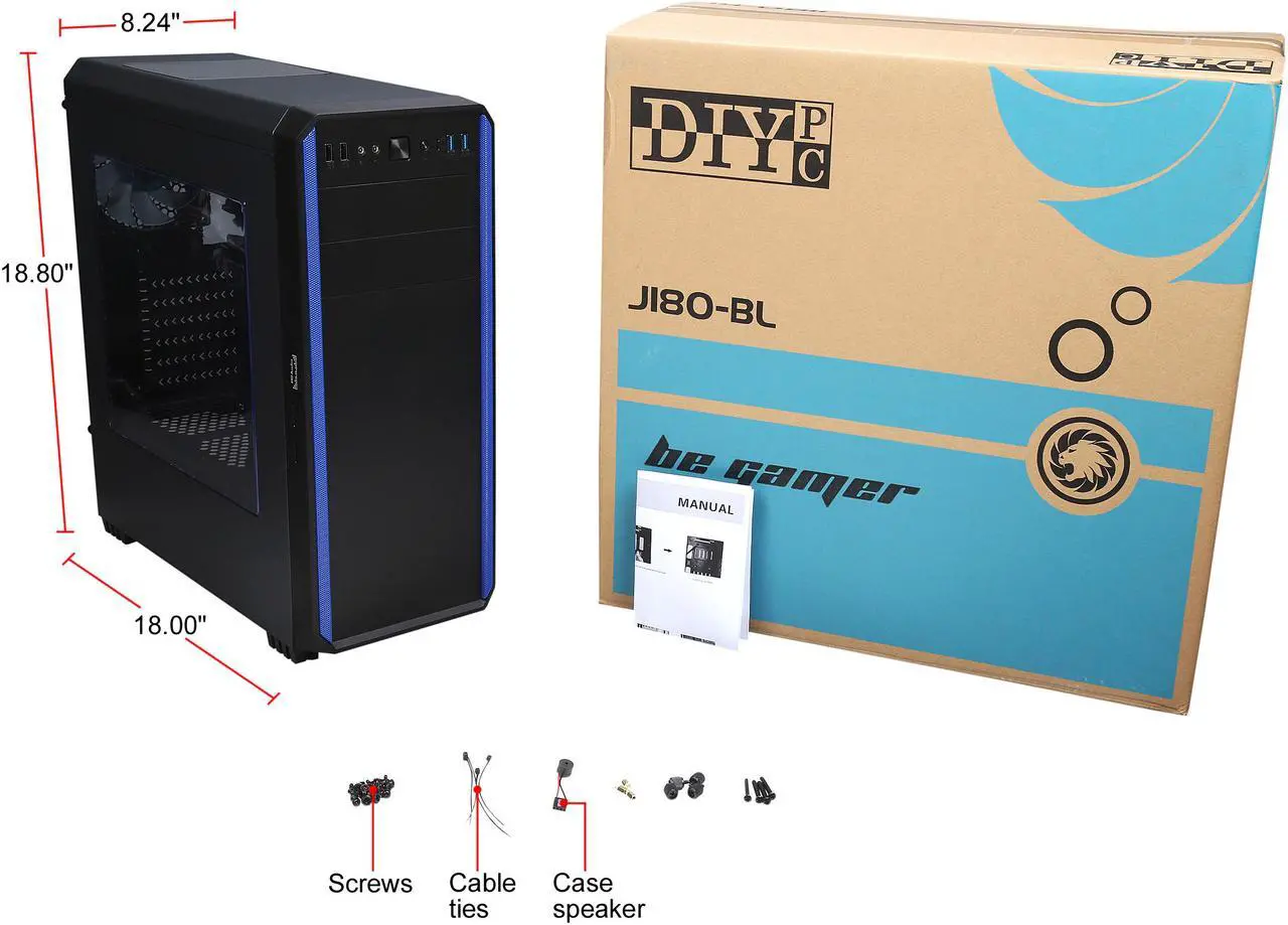 Alt view image 14 of 13 - DIYPC J180-BL Black Dual USB 3.0 ATX Mid Tower Gaming Computer Case with Build-in 2 x Fans (1 x 120mm Fan x Front, 1 x 120mm Blue LED Fan x Rear)