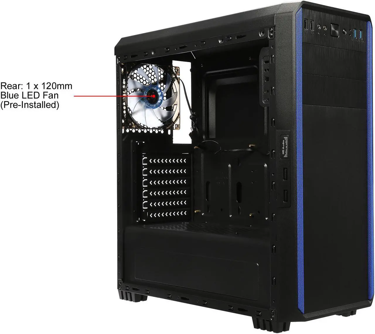 Alt view image 3 of 13 - DIYPC J180-BL Black Dual USB 3.0 ATX Mid Tower Gaming Computer Case with Build-in 2 x Fans (1 x 120mm Fan x Front, 1 x 120mm Blue LED Fan x Rear)