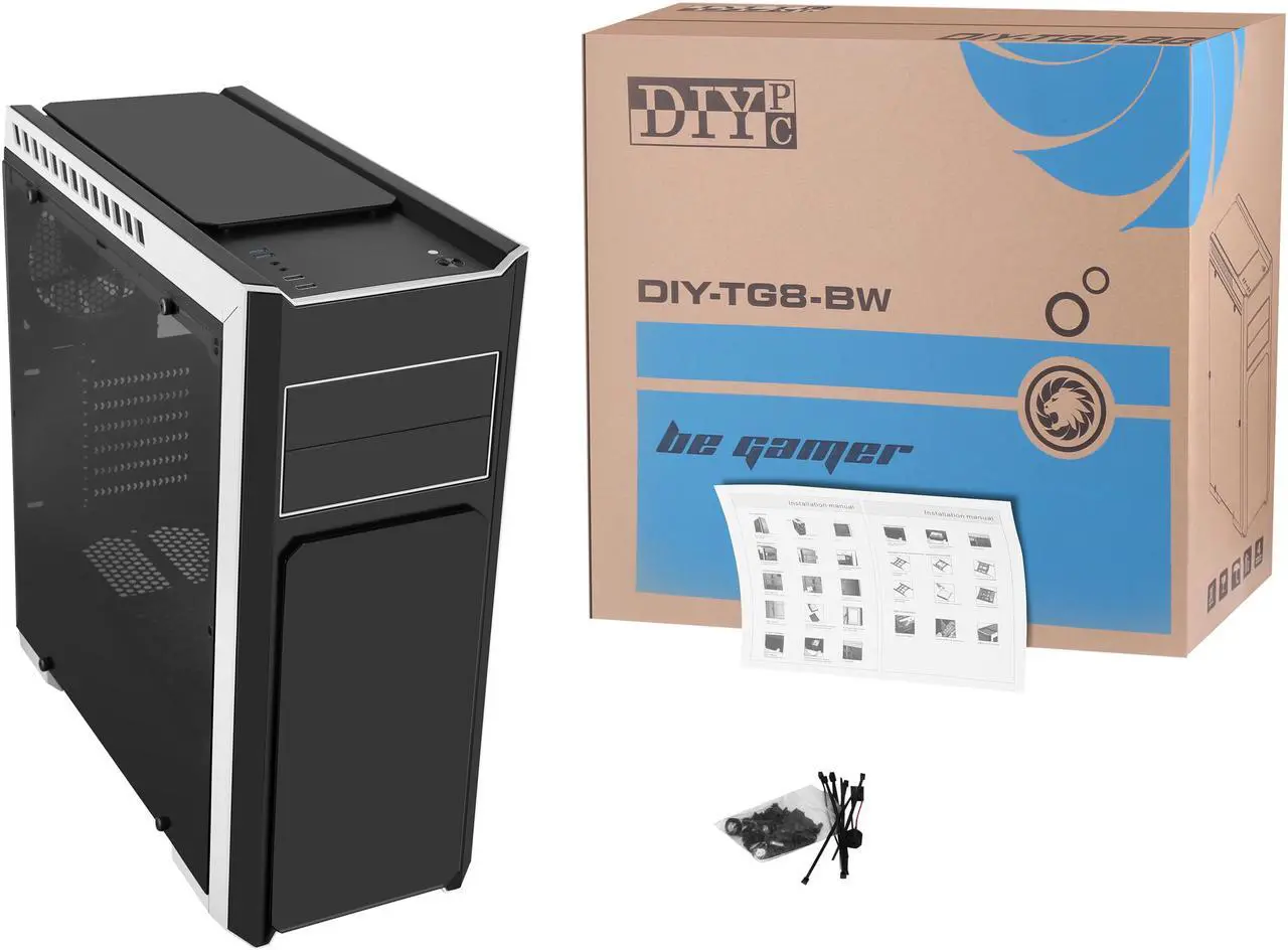 Alt view image 13 of 14 - DIYPC DIY-TG8-BW Black Dual USB3.0 Steel/ Tempered Glass ATX Mid Tower Gaming Computer Case w/Tempered Glass Panels (Front, Top and Both Sides) and Pre-Installed 3 x Blue 33LED Light Fan