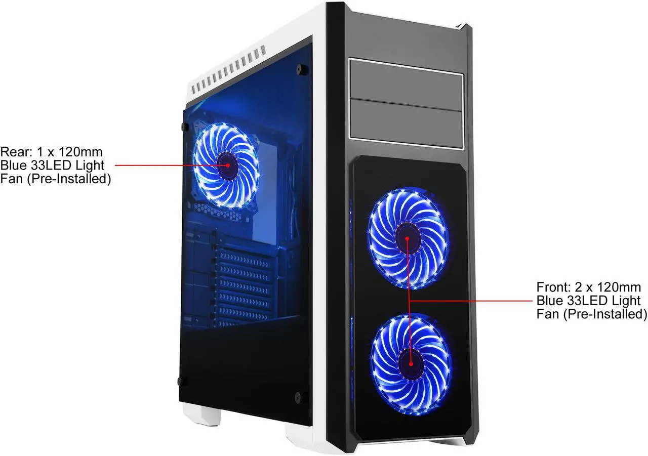 Alt view image 2 of 14 - DIYPC DIY-TG8-BW Black Dual USB3.0 Steel/ Tempered Glass ATX Mid Tower Gaming Computer Case w/Tempered Glass Panels (Front, Top and Both Sides) and Pre-Installed 3 x Blue 33LED Light Fan