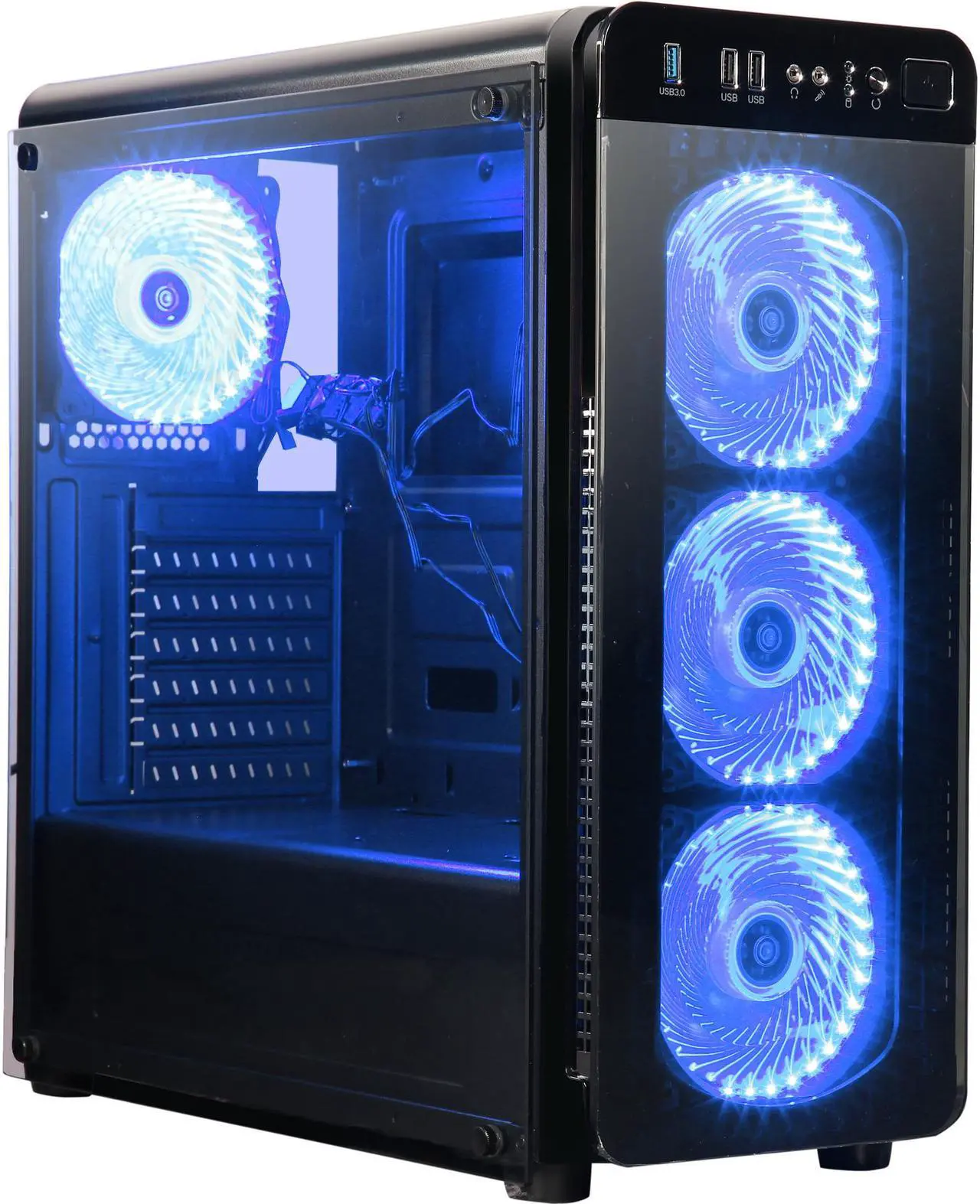 Main image of DIYPC VisionII-BL Black USB3.0 Steel / Tempered Glass ATX Mid Tower Gaming Computer Case w/ Tempered Glass Panels (Front and Left Side), 4 x Blue 33LED Light Fan (Pre-Installed)