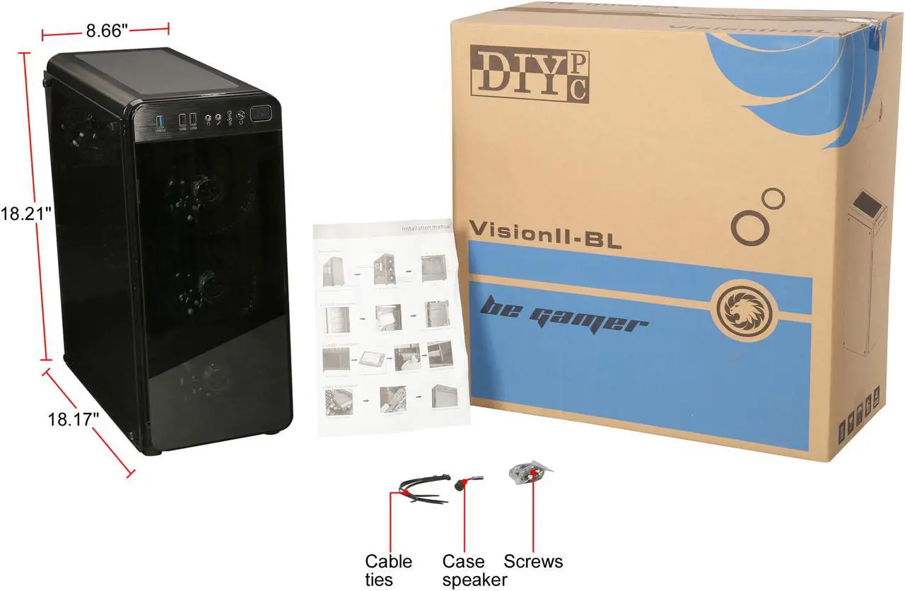 Alt view image 14 of 13 - DIYPC VisionII-BL Black USB3.0 Steel / Tempered Glass ATX Mid Tower Gaming Computer Case w/ Tempered Glass Panels (Front and Left Side), 4 x Blue 33LED Light Fan (Pre-Installed)