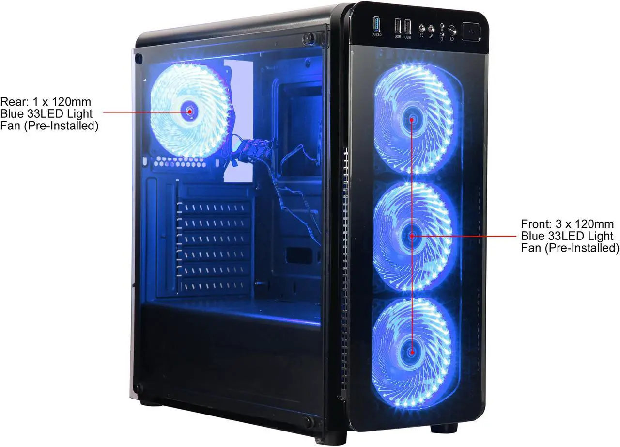 Alt view image 3 of 13 - DIYPC VisionII-BL Black USB3.0 Steel / Tempered Glass ATX Mid Tower Gaming Computer Case w/ Tempered Glass Panels (Front and Left Side), 4 x Blue 33LED Light Fan (Pre-Installed)