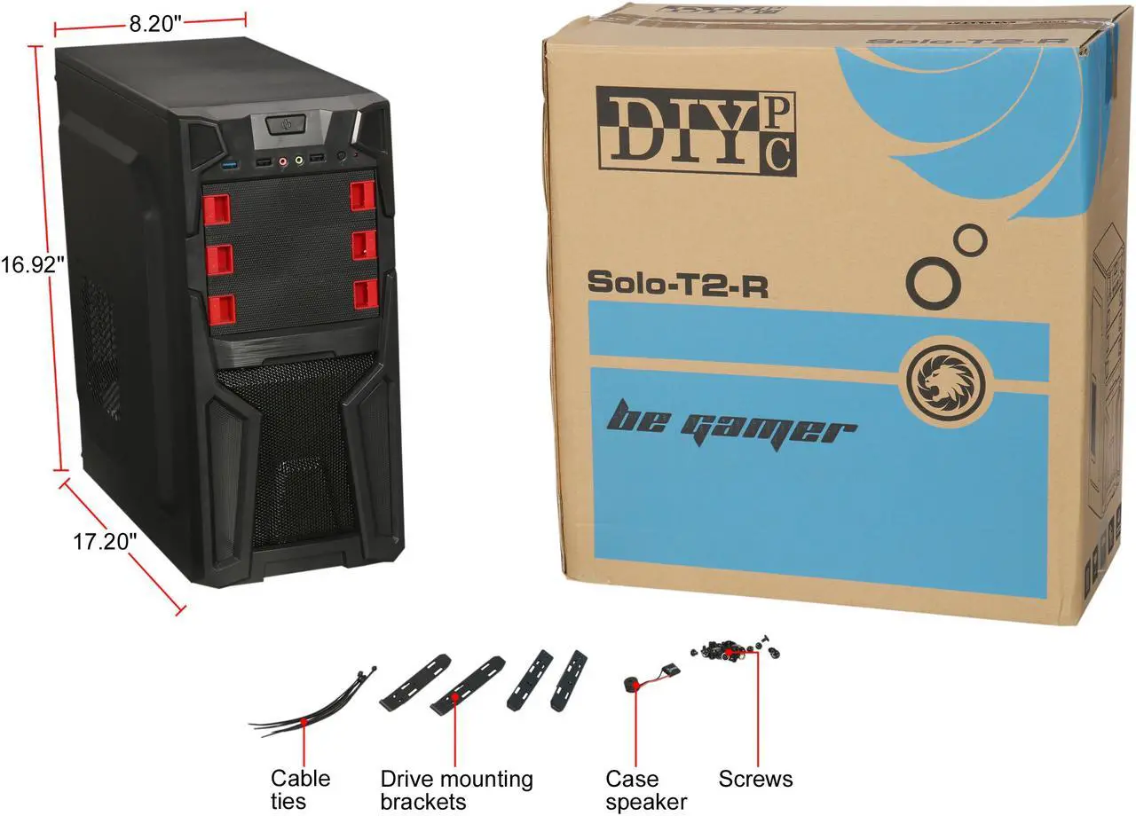 Alt view image 14 of 13 - DIYPC Solo-T2-R Black USB 3.0 ATX Mid Tower Gaming Computer Case with 2 x Red Fans (1x 120mm LED fan x front, 1x 120mm fan x rear) Pre-installed