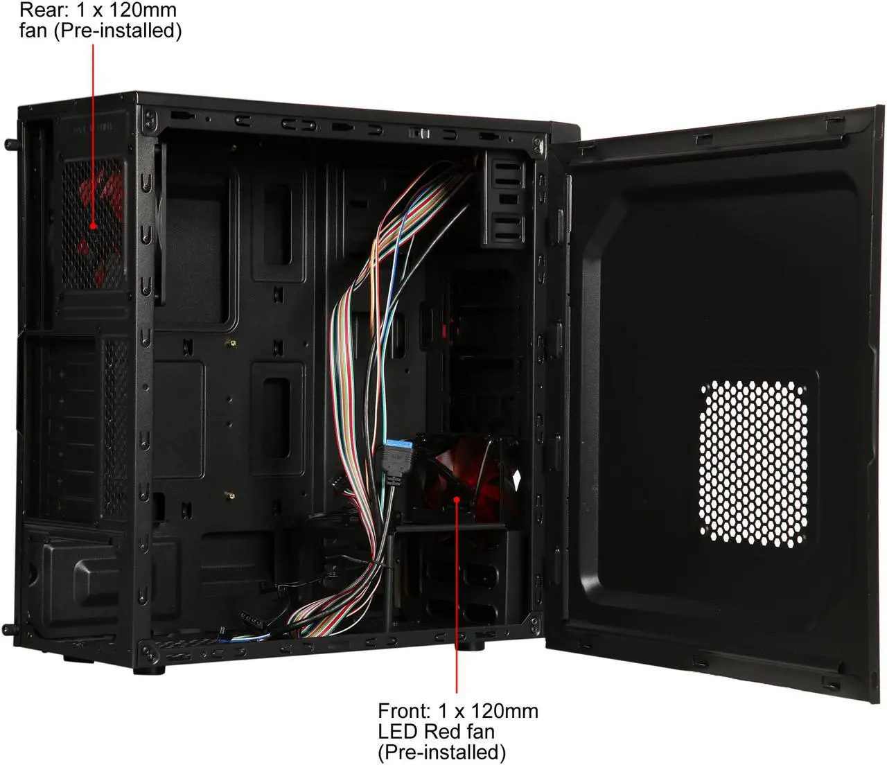 Alt view image 8 of 13 - DIYPC Solo-T2-R Black USB 3.0 ATX Mid Tower Gaming Computer Case with 2 x Red Fans (1x 120mm LED fan x front, 1x 120mm fan x rear) Pre-installed