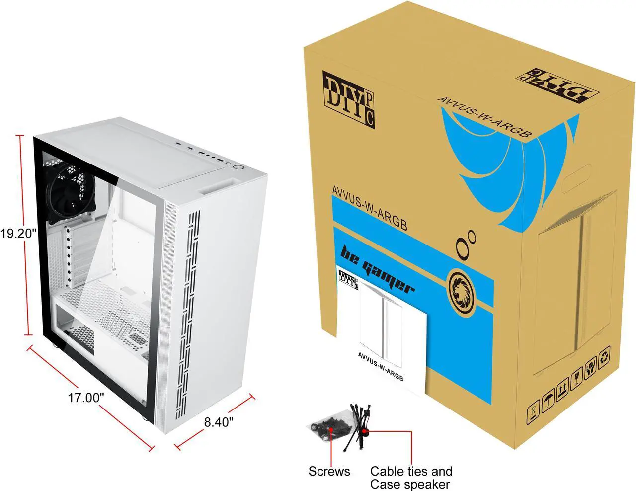 Alt view image 20 of 20 - DIYPC AVVUS-W-ARGB White Steel / Tempered Glass ATX Mid Tower Computer Case with 1 x 120mm Halo ARGB LED Fan Pre-Installed