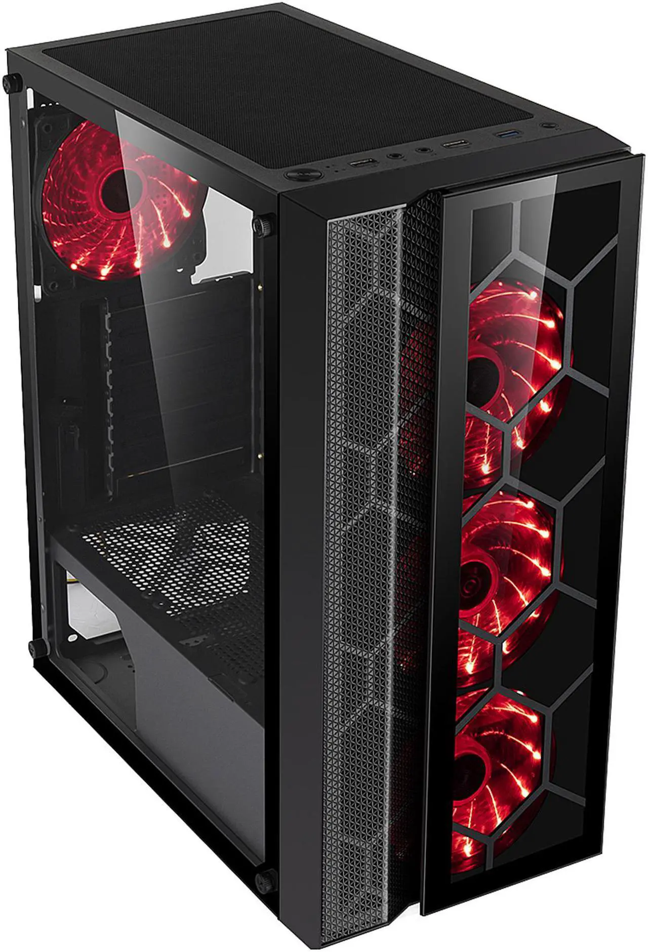 Alt view image 5 of 13 - DIYPC Dragon-R-4LED Black USB3.0 Steel /Tempered Glass ATX Mid Tower Gaming Computer Case, 4x120mm Red LED Fans (Pre-Installed)