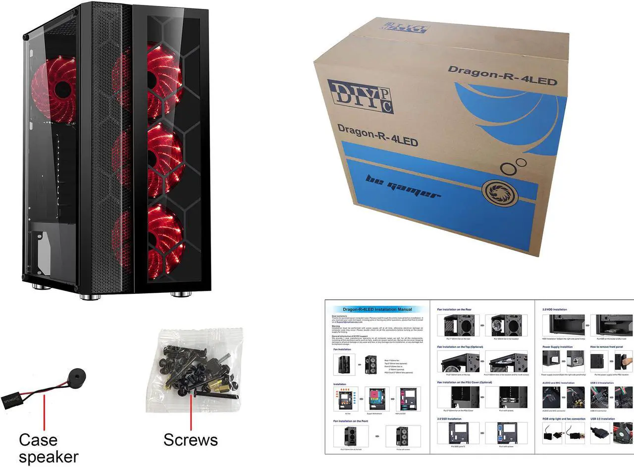 Alt view image 13 of 13 - DIYPC Dragon-R-4LED Black USB3.0 Steel /Tempered Glass ATX Mid Tower Gaming Computer Case, 4x120mm Red LED Fans (Pre-Installed)