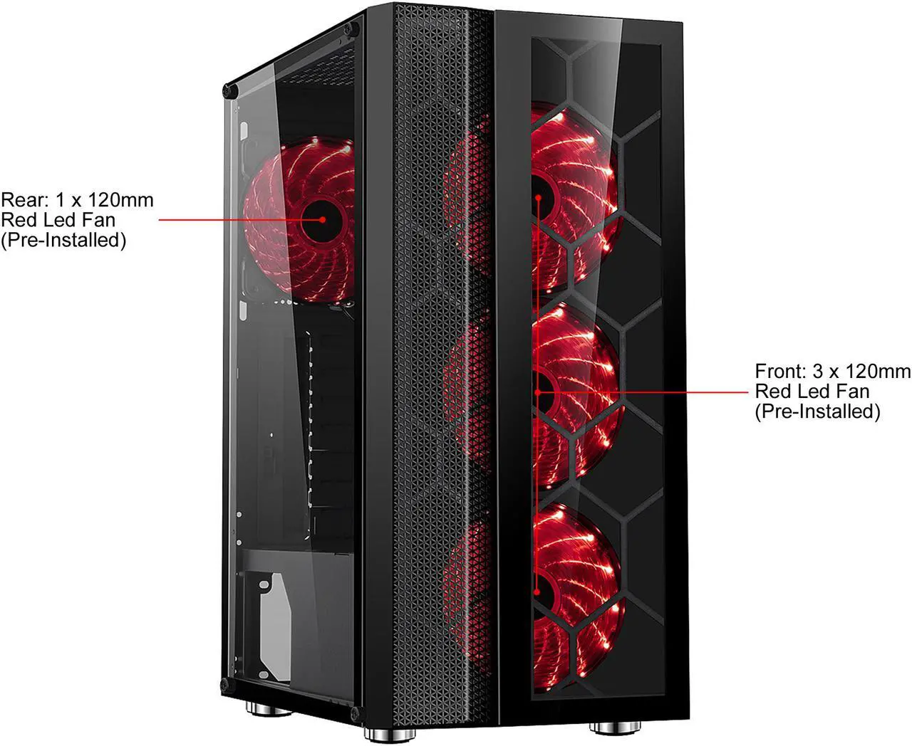 Alt view image 2 of 13 - DIYPC Dragon-R-4LED Black USB3.0 Steel /Tempered Glass ATX Mid Tower Gaming Computer Case, 4x120mm Red LED Fans (Pre-Installed)