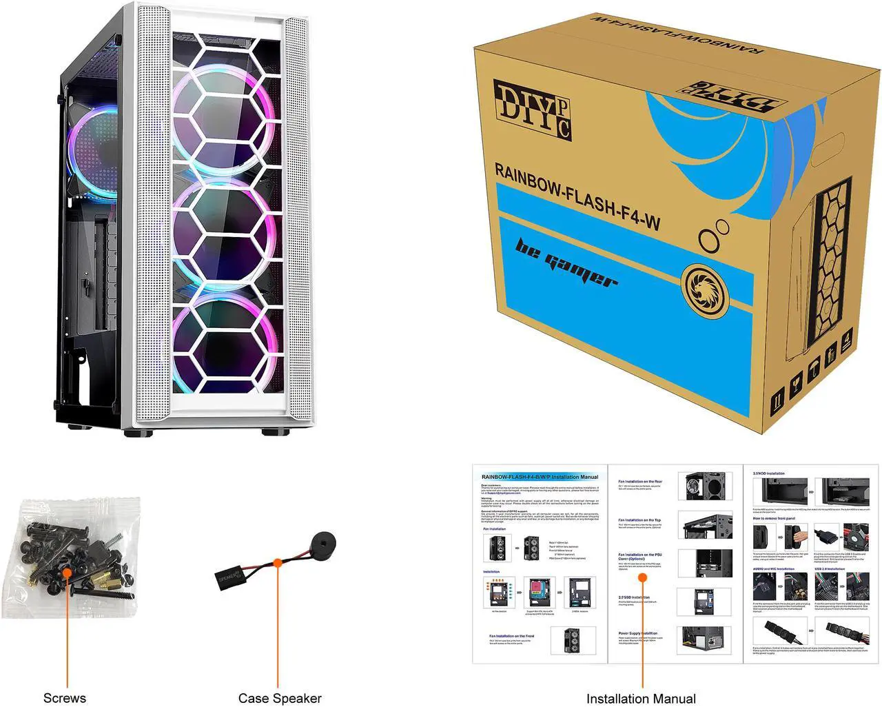 Alt view image 10 of 10 - DIYPC Rainbow-Flash-F4-W White Steel / Tempered Glass ATX Mid Tower Computer Case, 4 x 120mm Autoflow Rainbow LED Fans (Pre-Installed)