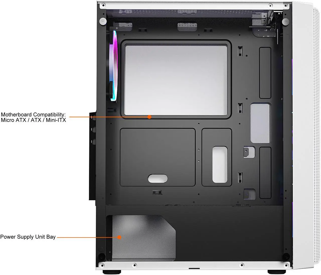 Alt view image 8 of 10 - DIYPC Rainbow-Flash-F4-W White Steel / Tempered Glass ATX Mid Tower Computer Case, 4 x 120mm Autoflow Rainbow LED Fans (Pre-Installed)