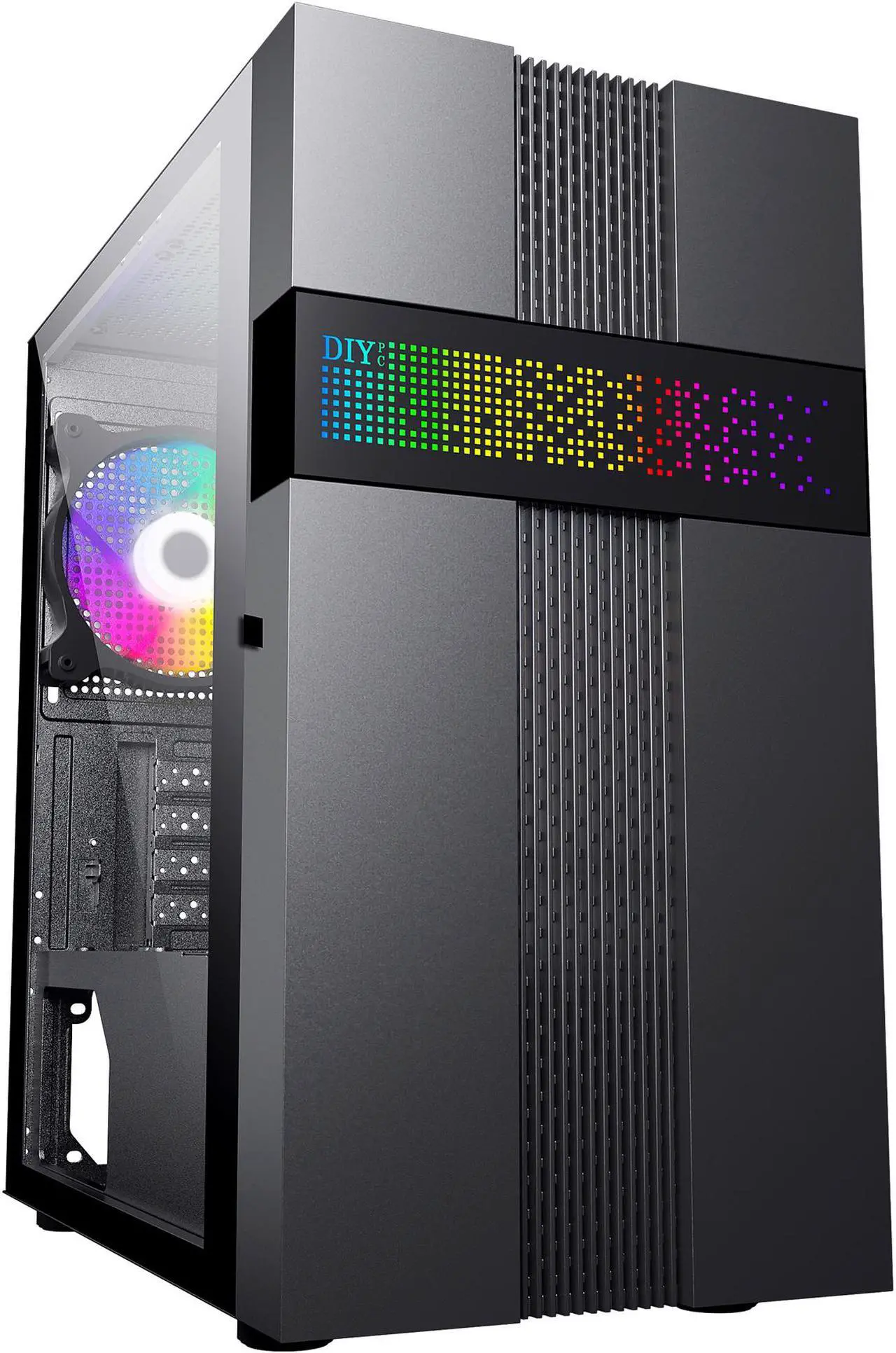 Main image of DIYPC ARGB-Q8-BK Black USB 3.0 Steel / Tempered Glass Micro-ATX Mid Tower Computer Case, 1x 120mm ARGB Fan x Rear (Pre-Installed)