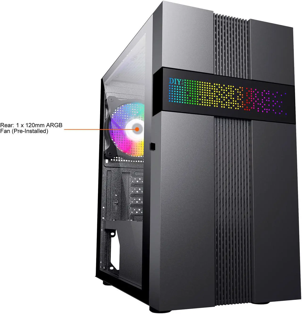 Alt view image 2 of 12 - DIYPC ARGB-Q8-BK Black USB 3.0 Steel / Tempered Glass Micro-ATX Mid Tower Computer Case, 1x 120mm ARGB Fan x Rear (Pre-Installed)