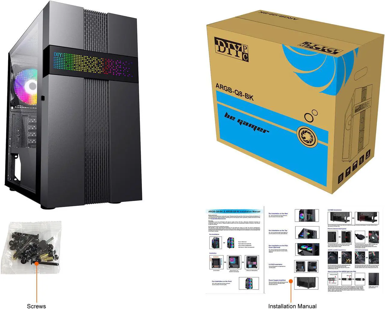 Alt view image 12 of 12 - DIYPC ARGB-Q8-BK Black USB 3.0 Steel / Tempered Glass Micro-ATX Mid Tower Computer Case, 1x 120mm ARGB Fan x Rear (Pre-Installed)