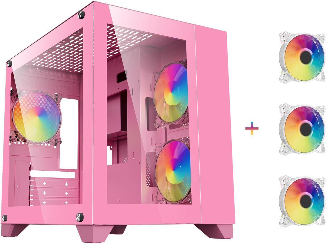 DIYPC ARGB-Q3-Pink Pink USB3.0 Tempered Glass Micro ATX Gaming Computer Case w/ Dual Tempered Glass Panel and 3 x ARGB Fans (Pre-Installed)