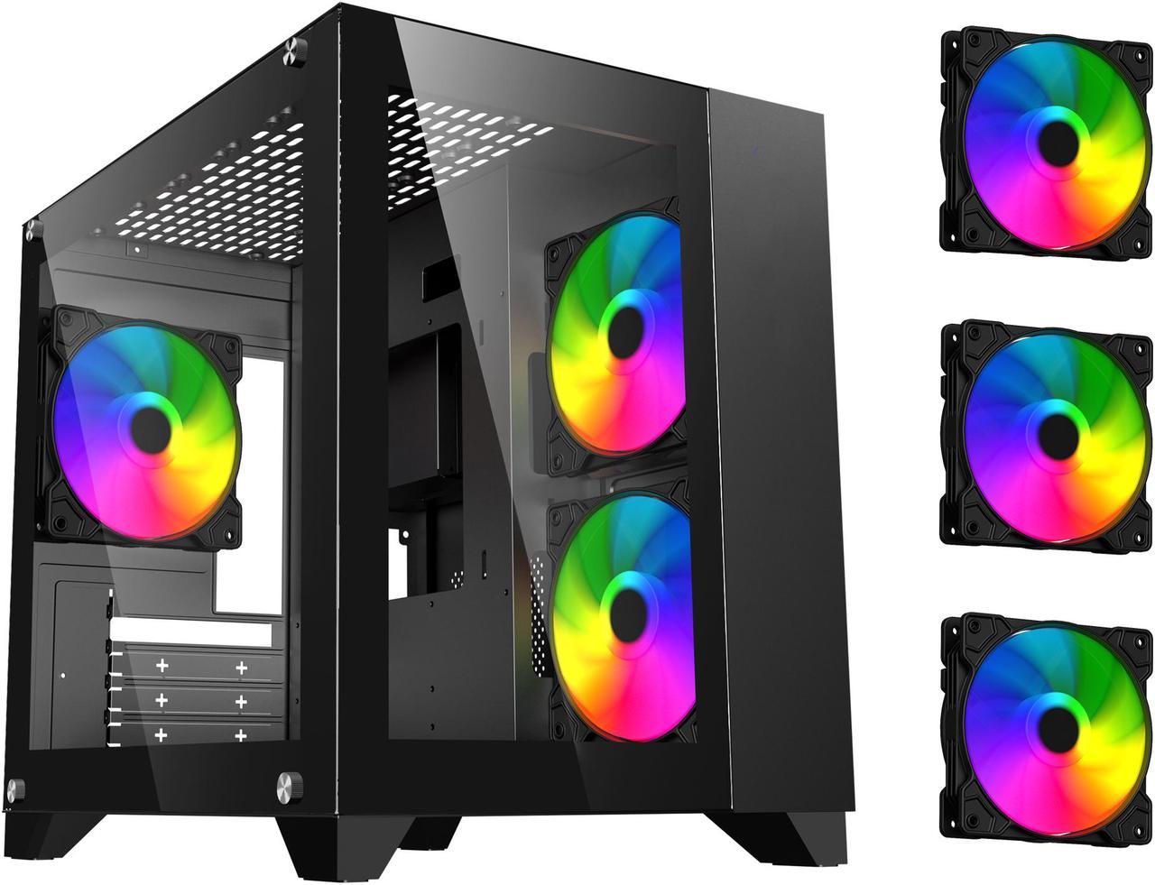 DIYPC ARGB-Q3.v2-BK Black USB3.0 Tempered Glass Micro ATX Gaming Computer Case w/ Dual Tempered Glass Panel and 3 x ARGB Fans (Pre-Installed)