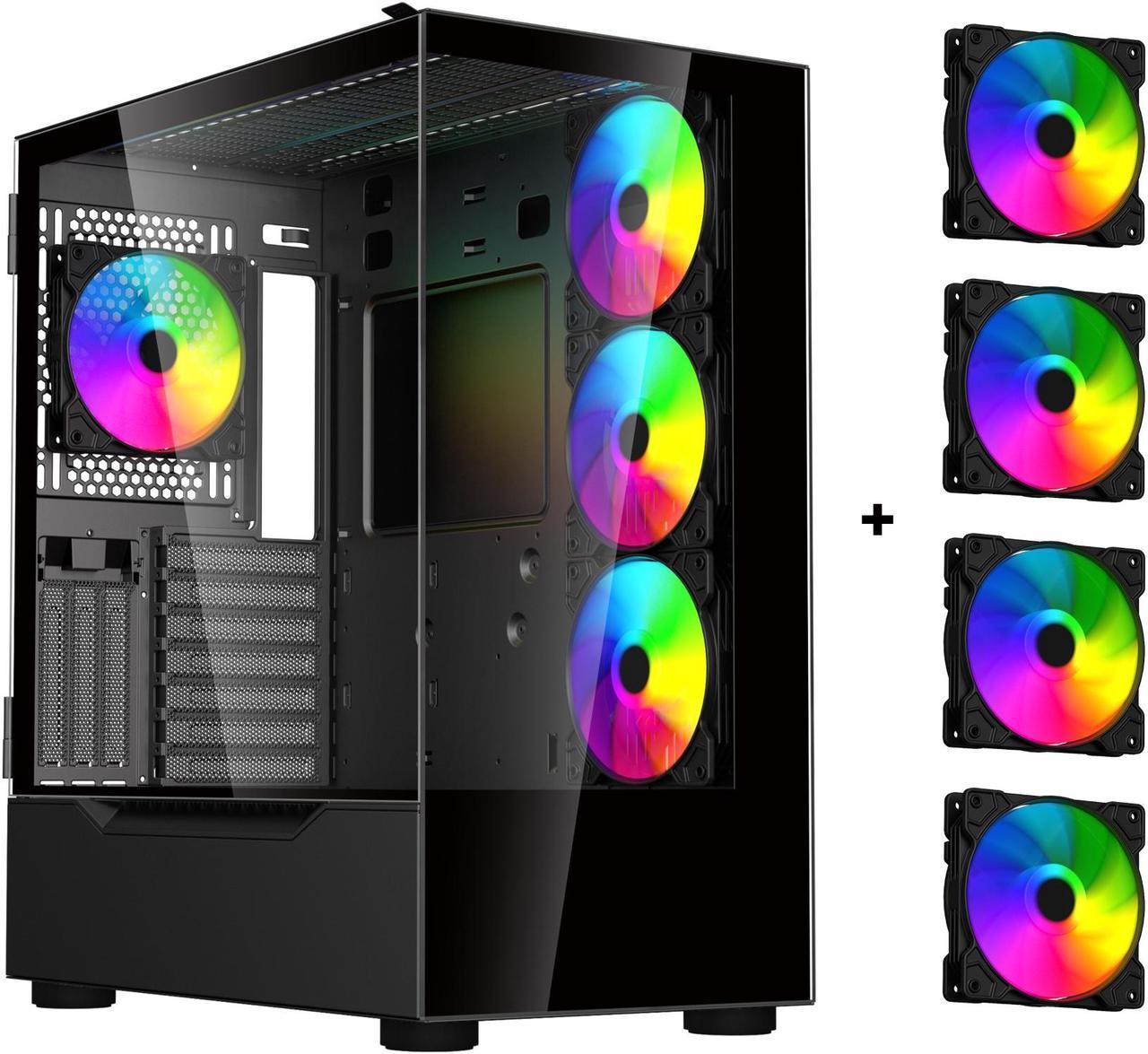 DIYPC ARGB-Q18-BK Black USB3.0 ATX Mid Tower Gaming Computer Case w/ Dual Tempered Glass Panel and 4 x ARGB 120mm Fans (Pre-Installed)