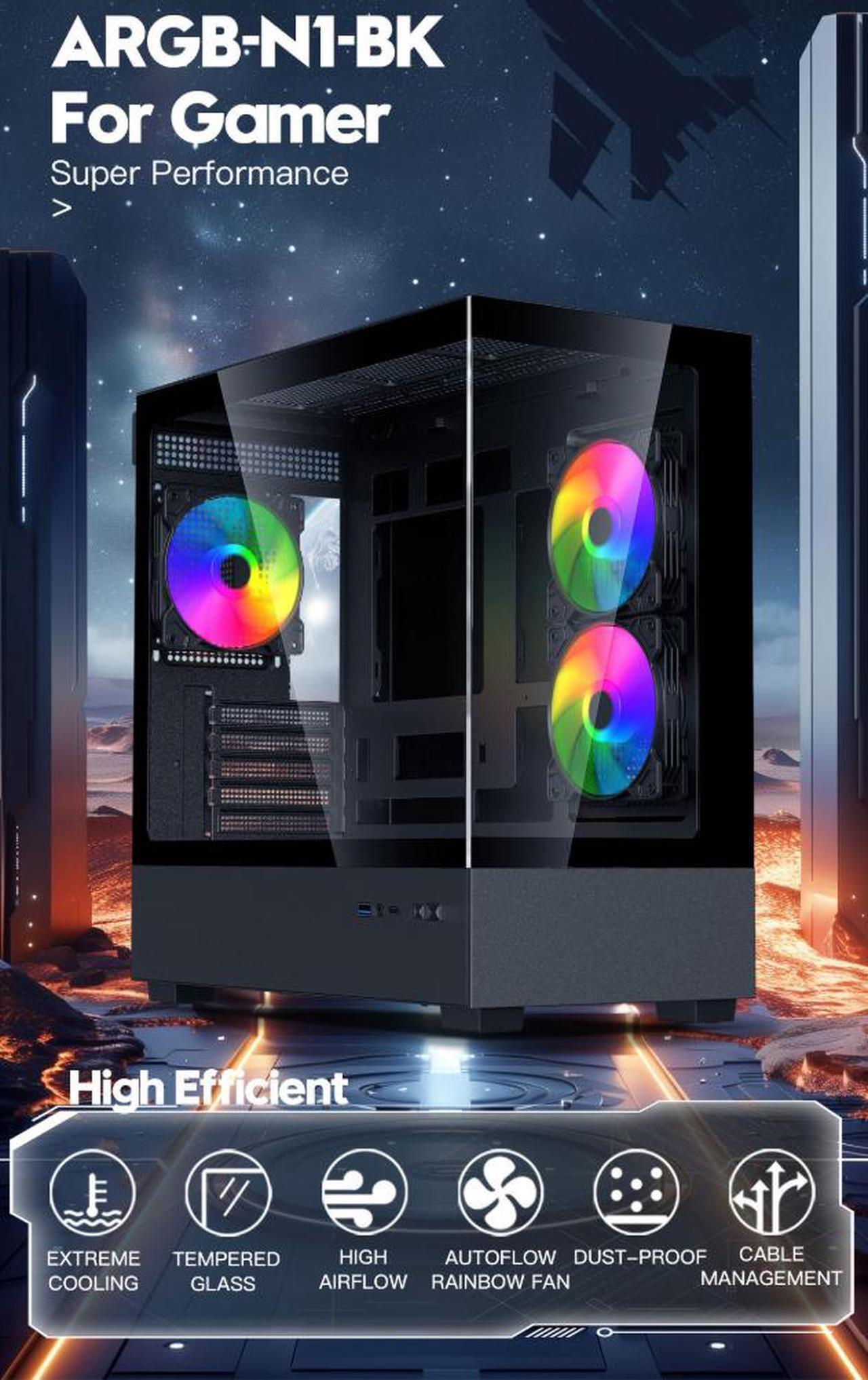 Alt view image 2 of 11 - DIYPC ARGB-N1-BK Black USB3.0 /Type C Micro ATX Gaming Computer Case w/ Frameless Dual Tempered Glass Panel and 3 x ARGB 120mm Fans (Pre-Installed). Support 4090TI GPU and 360mm AIO