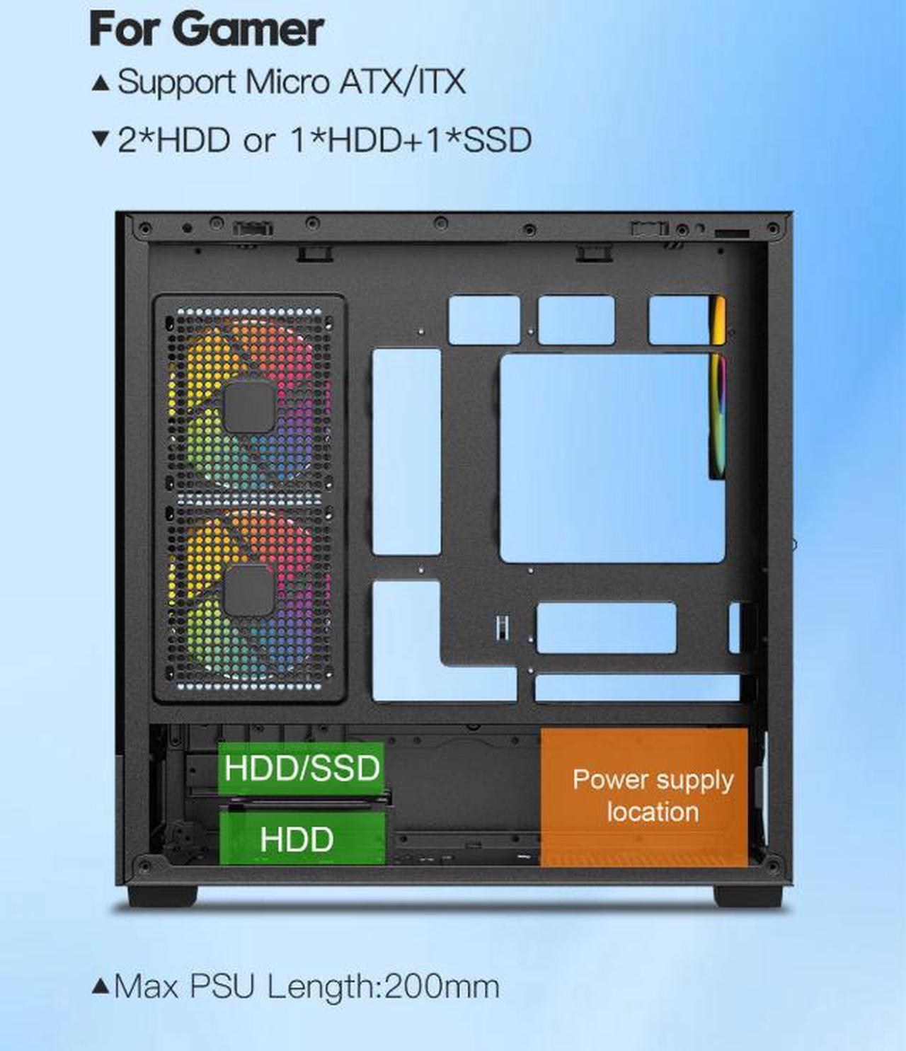 Alt view image 6 of 11 - DIYPC ARGB-N1-BK Black USB3.0 /Type C Micro ATX Gaming Computer Case w/ Frameless Dual Tempered Glass Panel and 3 x ARGB 120mm Fans (Pre-Installed). Support 4090TI GPU and 360mm AIO