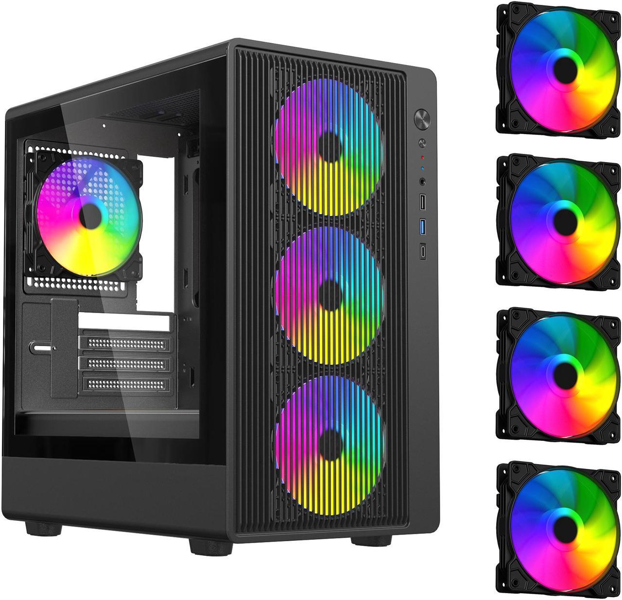 DIYPC ARGB-R1-BK Black USB3.0 /Type C Micro ATX Gaming Computer Case w/ Tempered Glass Panel and 4 x ARGB 120mm Fans (Pre-Installed)