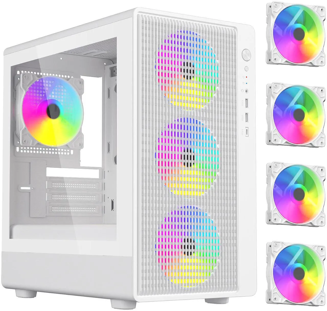 Main image of DIYPC ARGB-R1-W White USB3.0 /Type C Micro ATX Gaming Computer Case w/ Tempered Glass Panel and 4 x ARGB 120mm Fans (Pre-Installed)