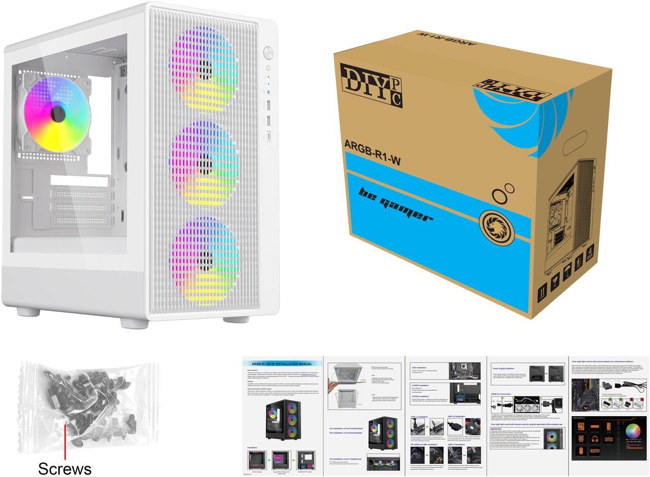 Alt view image 8 of 7 - DIYPC ARGB-R1-W White USB3.0 /Type C Micro ATX Gaming Computer Case w/ Tempered Glass Panel and 4 x ARGB 120mm Fans (Pre-Installed)
