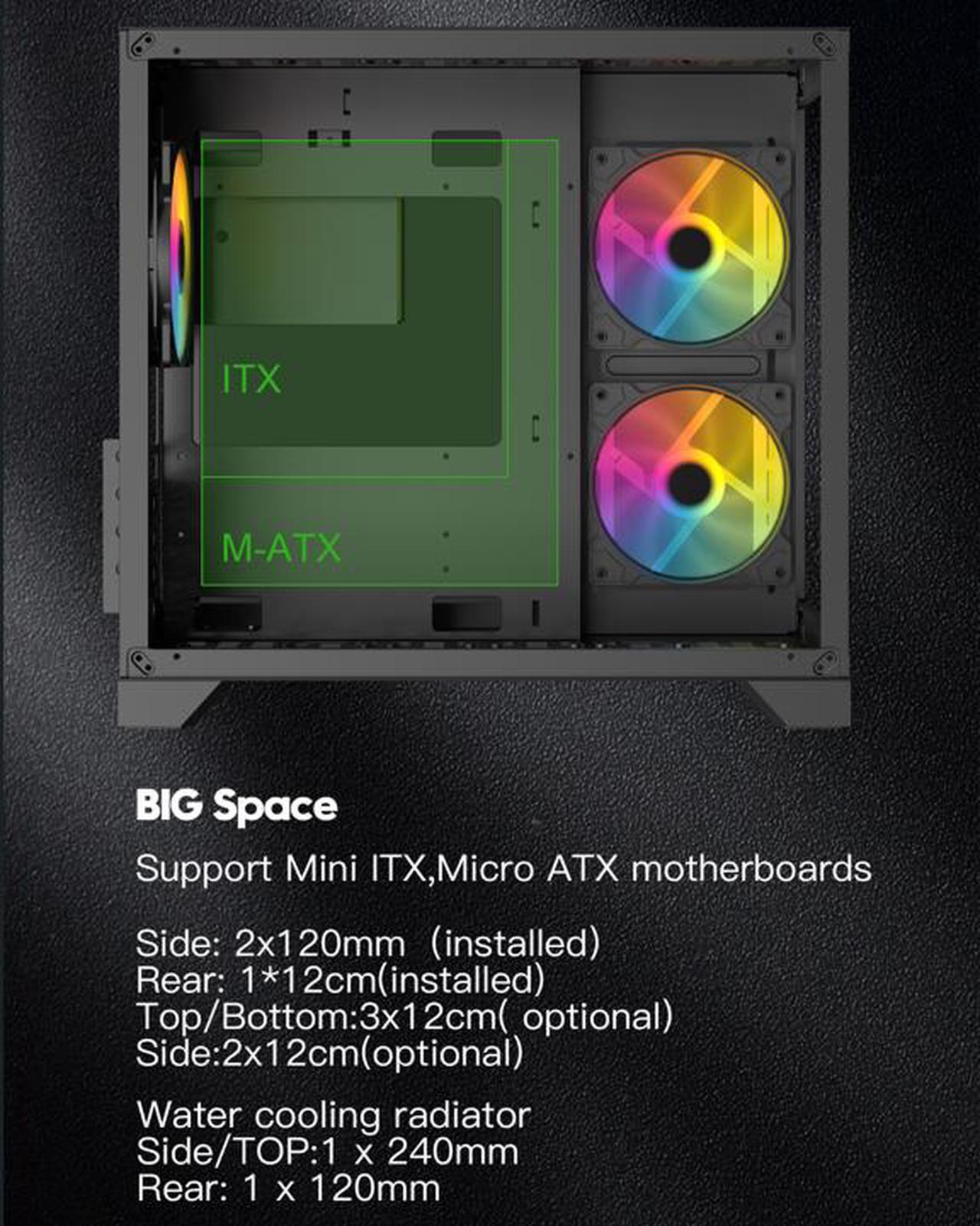 Alt view image 7 of 11 - DIYPC ARGB-Q3.R2-BK Black USB3.0 /Type C Tempered Glass Micro ATX Gaming Computer Case w/ Dual Tempered Glass Panel and 3 x ARGB Fans (Pre-Installed)