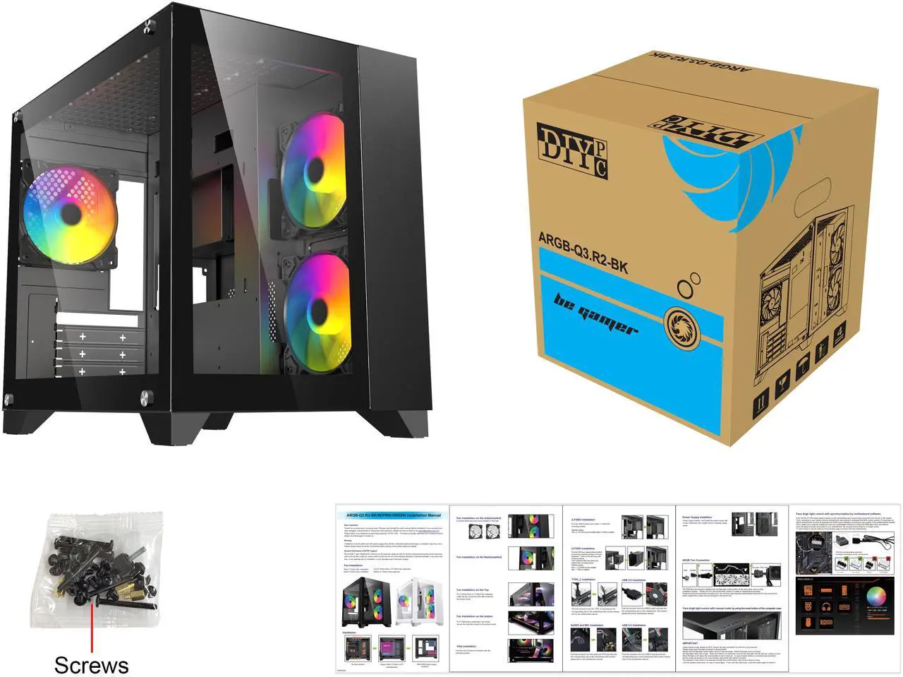 Alt view image 12 of 11 - DIYPC ARGB-Q3.R2-BK Black USB3.0 /Type C Tempered Glass Micro ATX Gaming Computer Case w/ Dual Tempered Glass Panel and 3 x ARGB Fans (Pre-Installed)