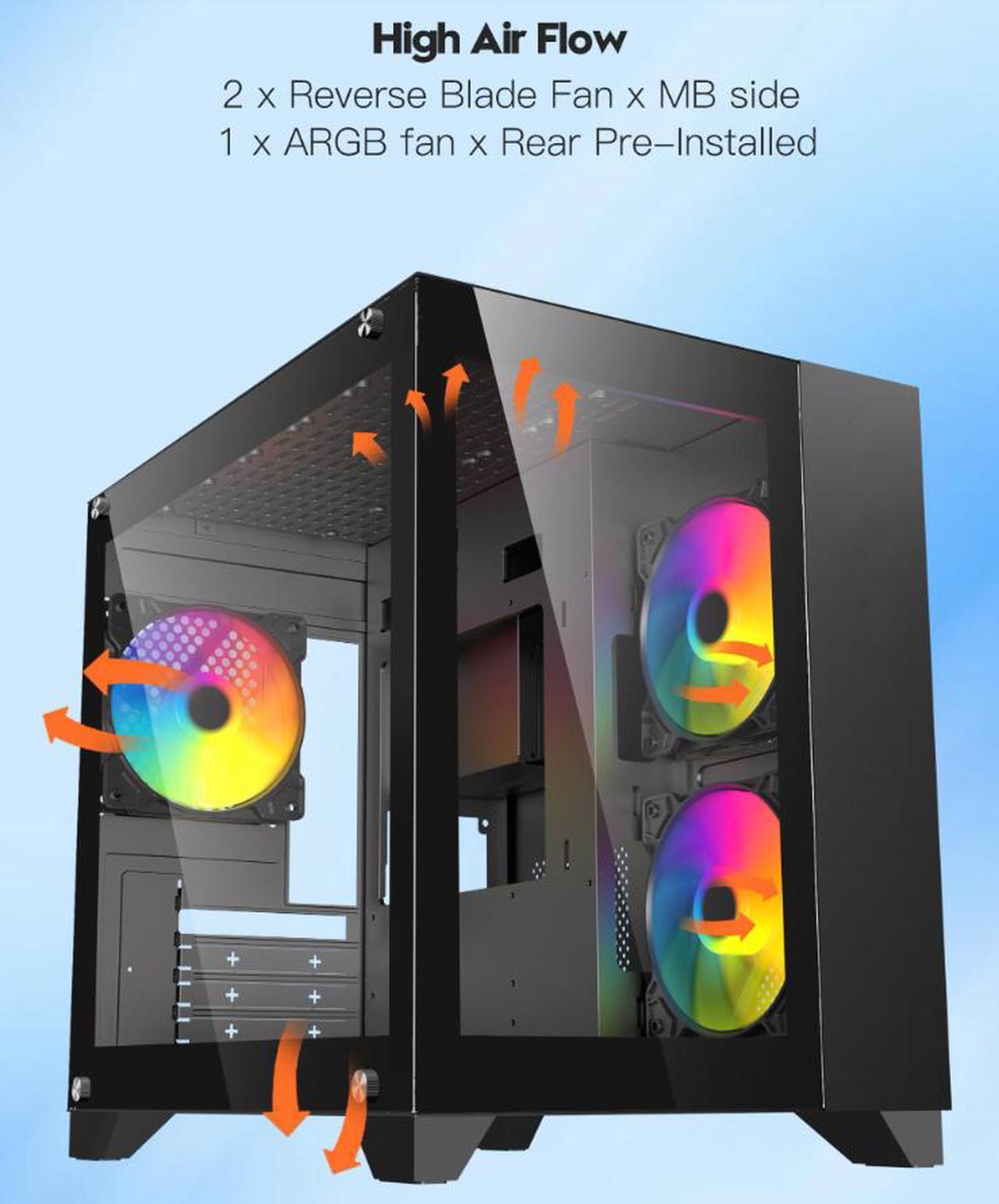 Alt view image 6 of 11 - DIYPC ARGB-Q3.R2-BK Black USB3.0 /Type C Tempered Glass Micro ATX Gaming Computer Case w/ Dual Tempered Glass Panel and 3 x ARGB Fans (Pre-Installed)