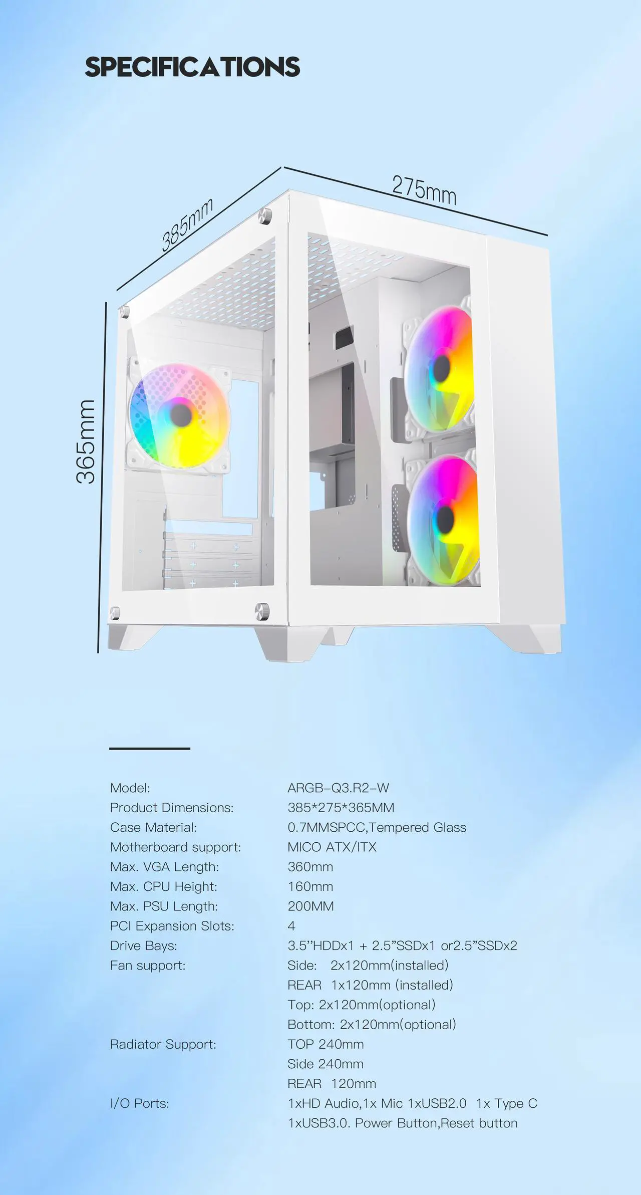 Alt view image 9 of 12 - DIYPC ARGB-Q3.R2-W White USB3.0 / Type C Tempered Glass Micro ATX Gaming Computer Case w/ Dual Tempered Glass Panel and 3 x ARGB Fans (Pre-Installed)