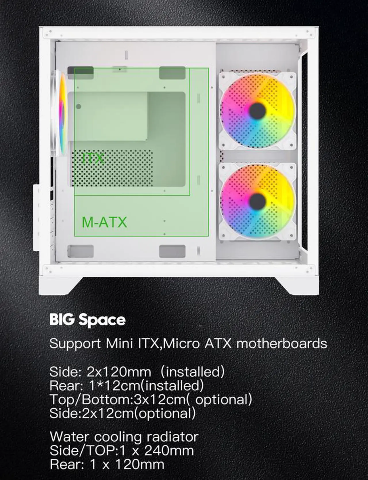 Alt view image 7 of 12 - DIYPC ARGB-Q3.R2-W White USB3.0 / Type C Tempered Glass Micro ATX Gaming Computer Case w/ Dual Tempered Glass Panel and 3 x ARGB Fans (Pre-Installed)