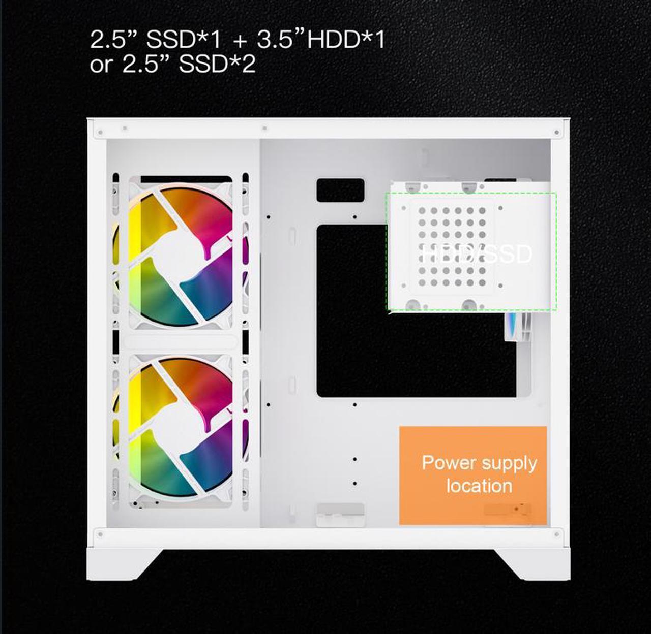 Alt view image 8 of 12 - DIYPC ARGB-Q3.R2-W White USB3.0 / Type C Tempered Glass Micro ATX Gaming Computer Case w/ Dual Tempered Glass Panel and 3 x ARGB Fans (Pre-Installed)