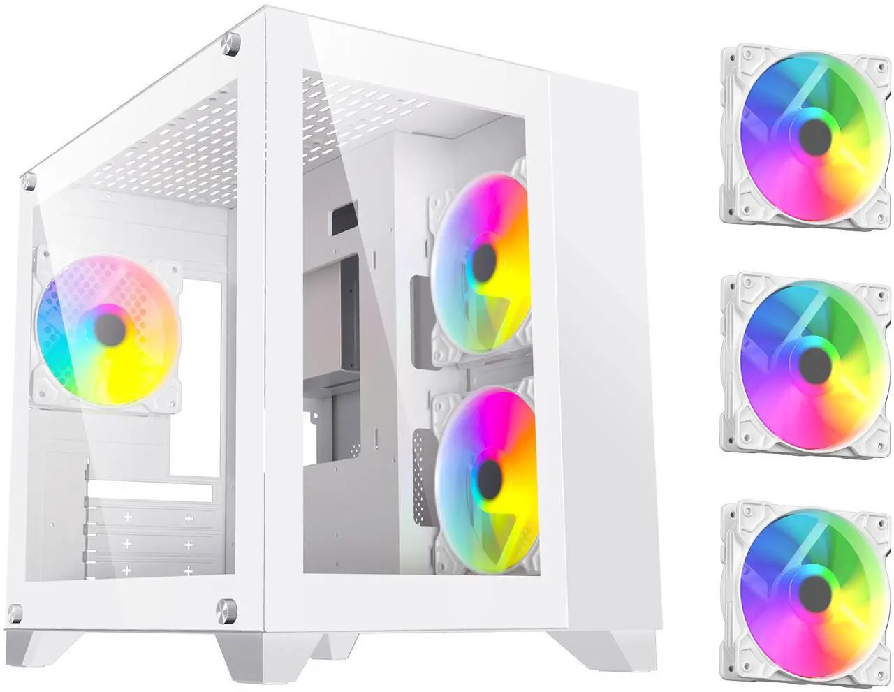 Main image of DIYPC ARGB-Q3.R2-W White USB3.0 / Type C Tempered Glass Micro ATX Gaming Computer Case w/ Dual Tempered Glass Panel and 3 x ARGB Fans (Pre-Installed)