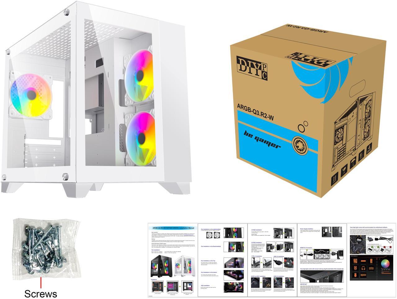 Alt view image 13 of 12 - DIYPC ARGB-Q3.R2-W White USB3.0 / Type C Tempered Glass Micro ATX Gaming Computer Case w/ Dual Tempered Glass Panel and 3 x ARGB Fans (Pre-Installed)