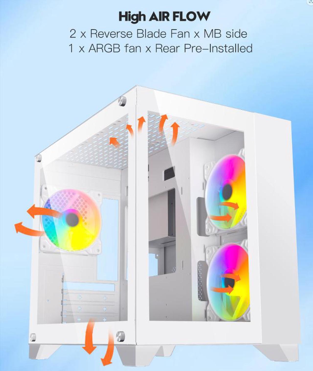 Alt view image 6 of 12 - DIYPC ARGB-Q3.R2-W White USB3.0 / Type C Tempered Glass Micro ATX Gaming Computer Case w/ Dual Tempered Glass Panel and 3 x ARGB Fans (Pre-Installed)